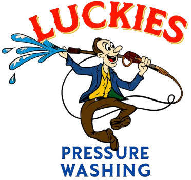 Cartoon man spraying water, Luckies logo—Pressure Washing Service in Pensacola