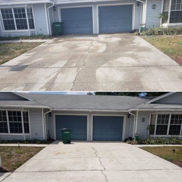 Driveway before and after cleaning—Lucky's Pressure Washing